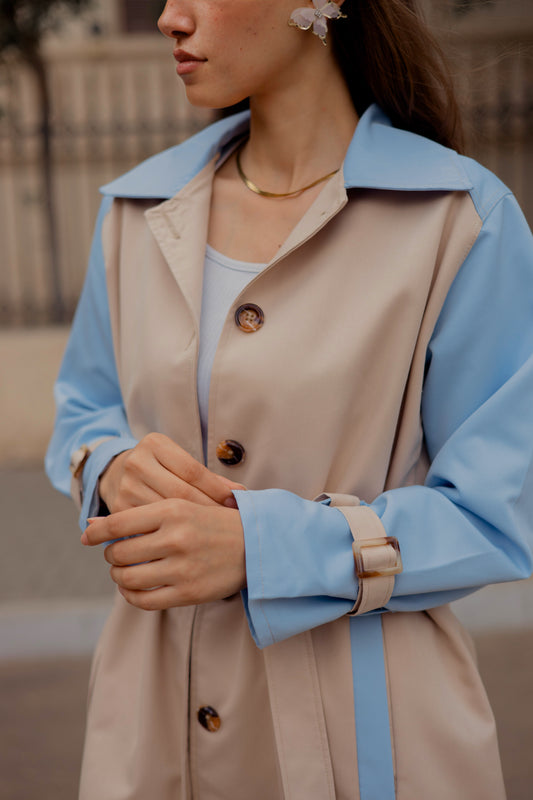 In The Style belted spring trench coat in “beige x blue”