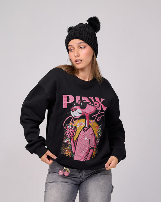 Pink Panther Bubble Tea Sweatshirt – Black (Embroidery Effect)”
