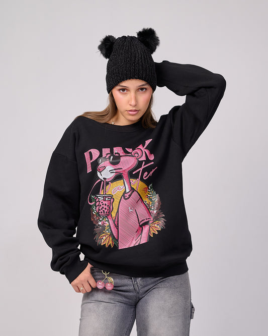 Pink Panther Bubble Tea Sweatshirt – Black (Embroidery Effect)”