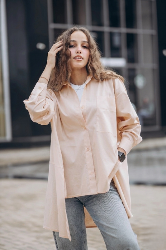 Cotton Blouse – High-Low Design with Sheer Buttons & Oversized Pocket