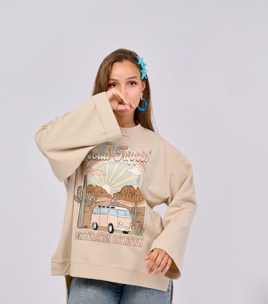 ROAD TRIP || Summer Premium Cotton Oversize Tshirt with Side Slits & Wide Bell Sleeves