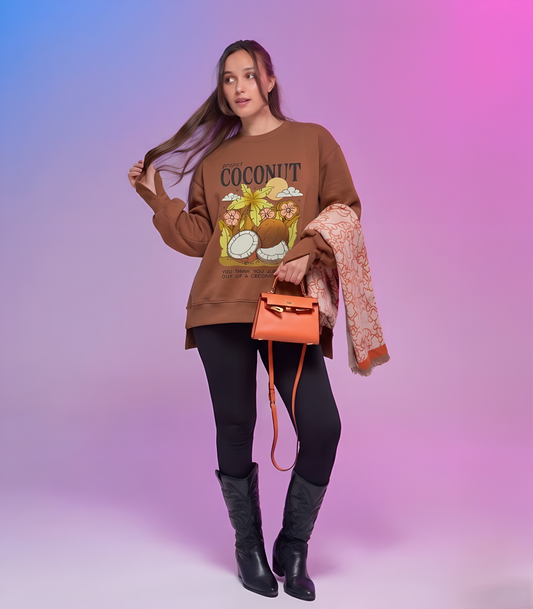 COCONUT BROWN "HEAVYWEIGHT COTTON" || Oversize winter Sweatshirt  heavyweight premium cotton with Side Slits & Split Cuff Rib Knit
