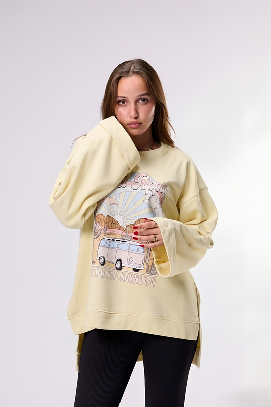 ROAD TRIP || CREAMY YELLOW Summer Premium Cotton Oversize Tshirt with Side Slits & Wide Bell Sleeves
