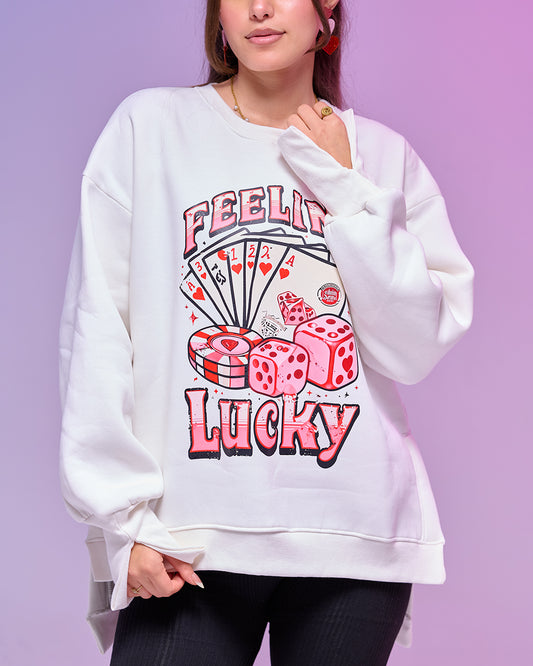 FEELING LUCKY || Oversize winter Sweatshirt  heavyweight premium cotton with Side Slits & Split Cuff Rib Knit