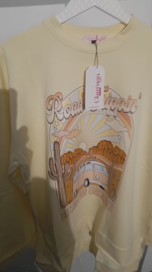 ROAD TRIP || CREAMY YELLOW Summer Premium Cotton Oversize Tshirt with Side Slits & Wide Bell Sleeves
